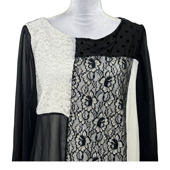 Style & Co Black White Lace Patchwork Blouse 0X Sheer Long Sleeve - Picture 2 of 10